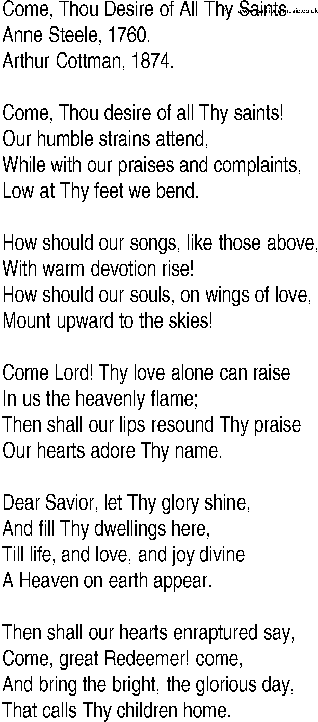 Hymn and Gospel Song: Come, Thou Desire of All Thy Saints by Anne Steele lyrics