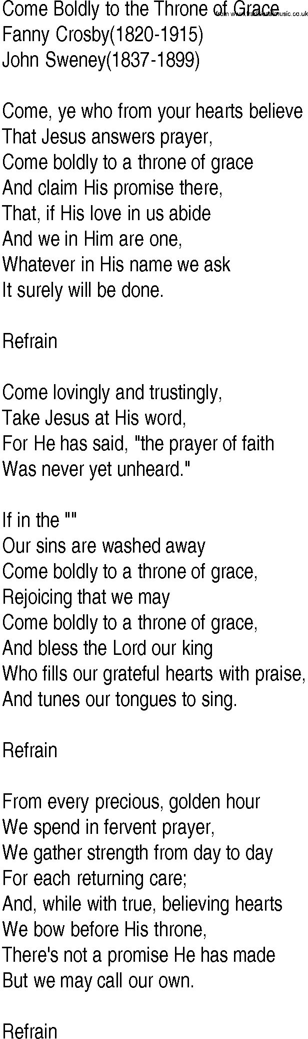Hymn and Gospel Song: Come Boldly to the Throne of Grace by Fanny Crosby lyrics