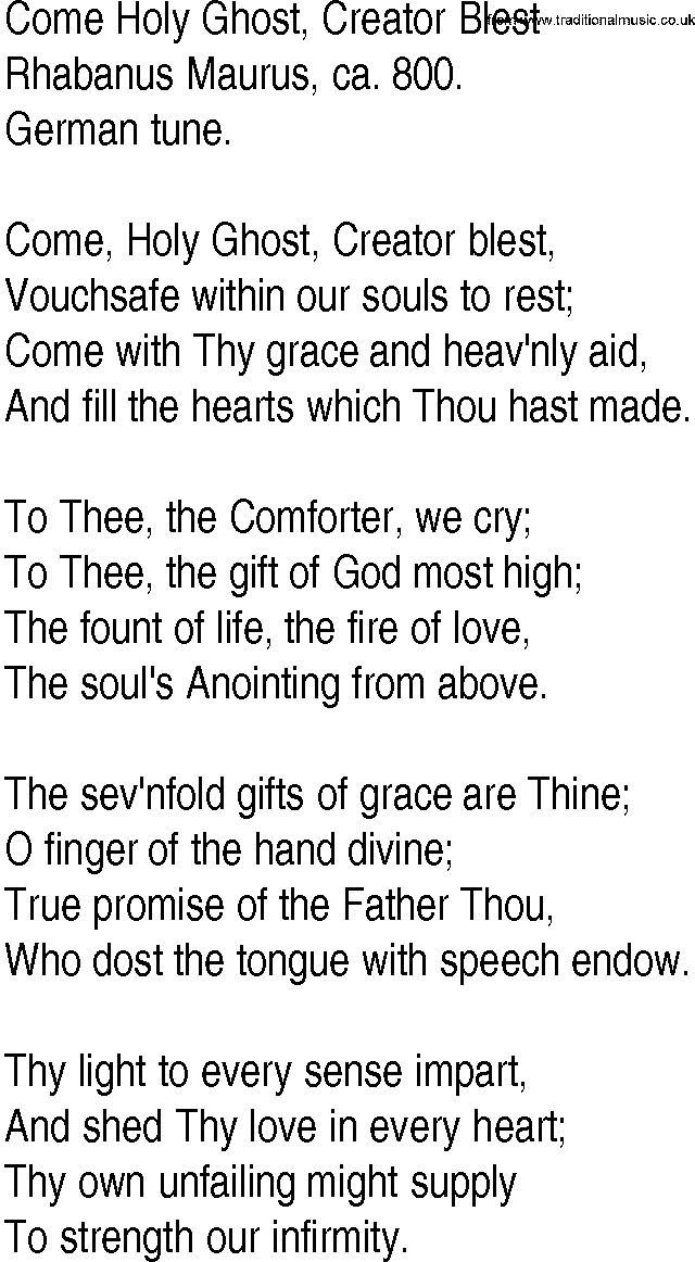 Hymn and Gospel Song: Come Holy Ghost, Creator Blest by Rhabanus Maurus ca lyrics