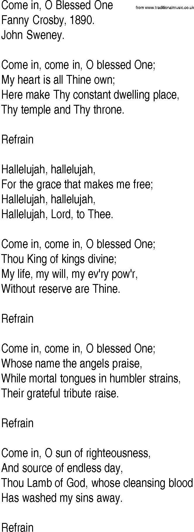Hymn and Gospel Song: Come in, O Blessed One by Fanny Crosby lyrics