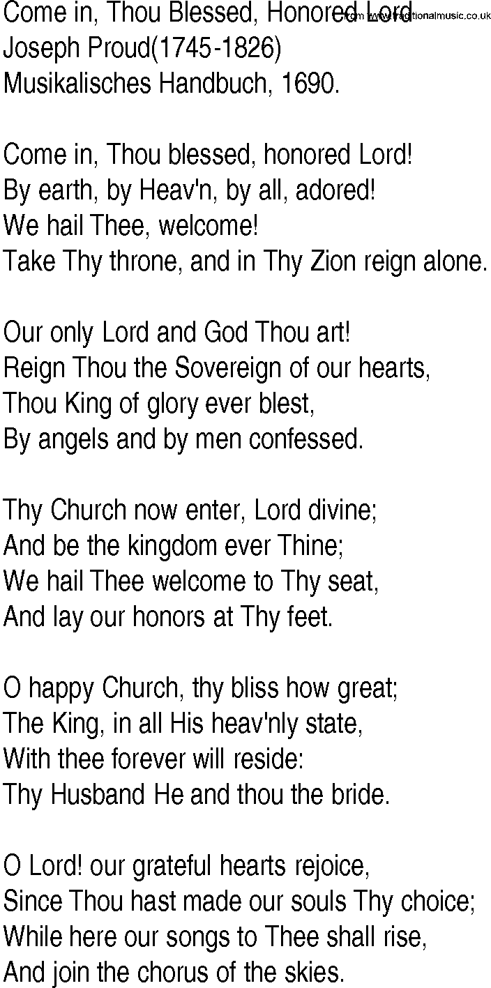 Hymn and Gospel Song: Come in, Thou Blessed, Honored Lord by Joseph Proud lyrics