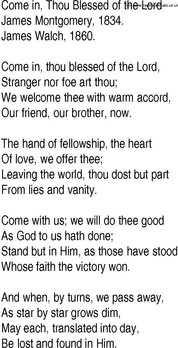 Hymn and Gospel Song: Come in, Thou Blessed of the Lord by James Montgomery lyrics