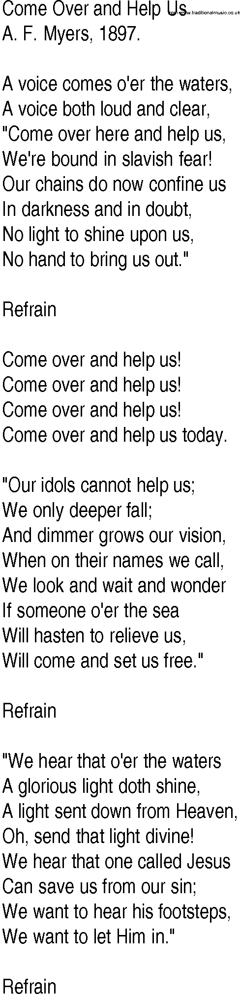 Hymn and Gospel Song: Come Over and Help Us by A F Myers lyrics