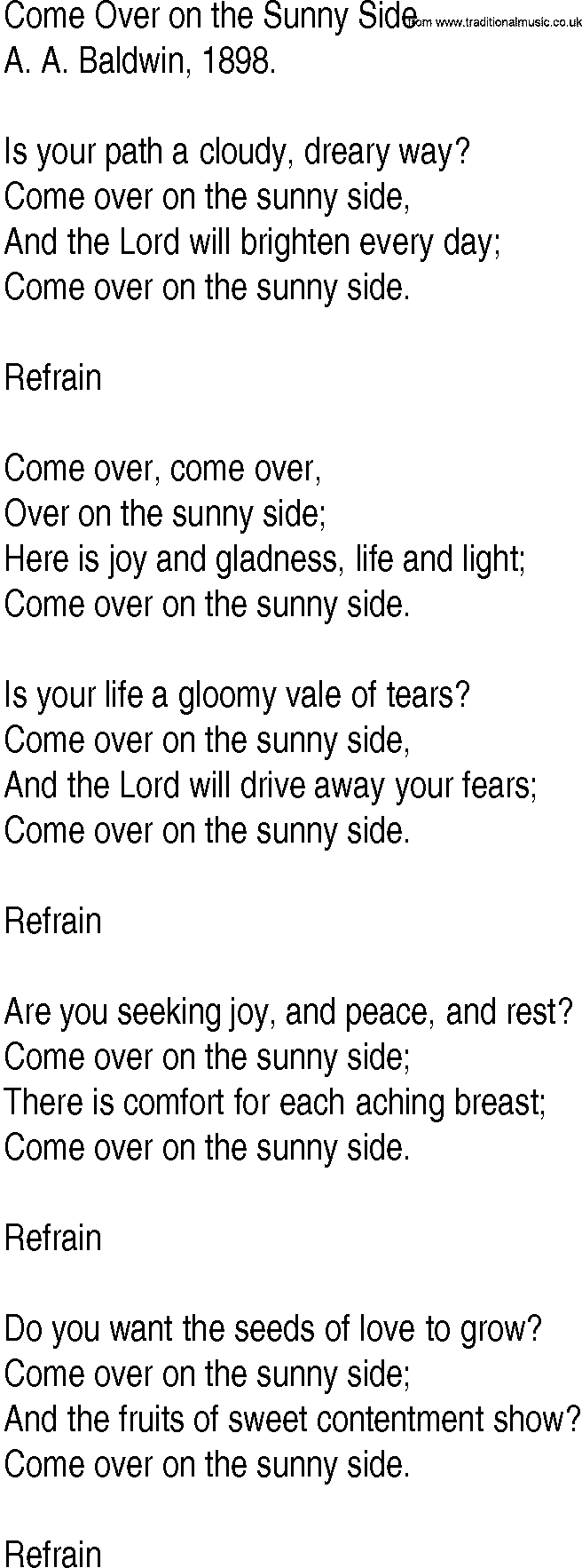 Hymn and Gospel Song: Come Over on the Sunny Side by A A Baldwin lyrics