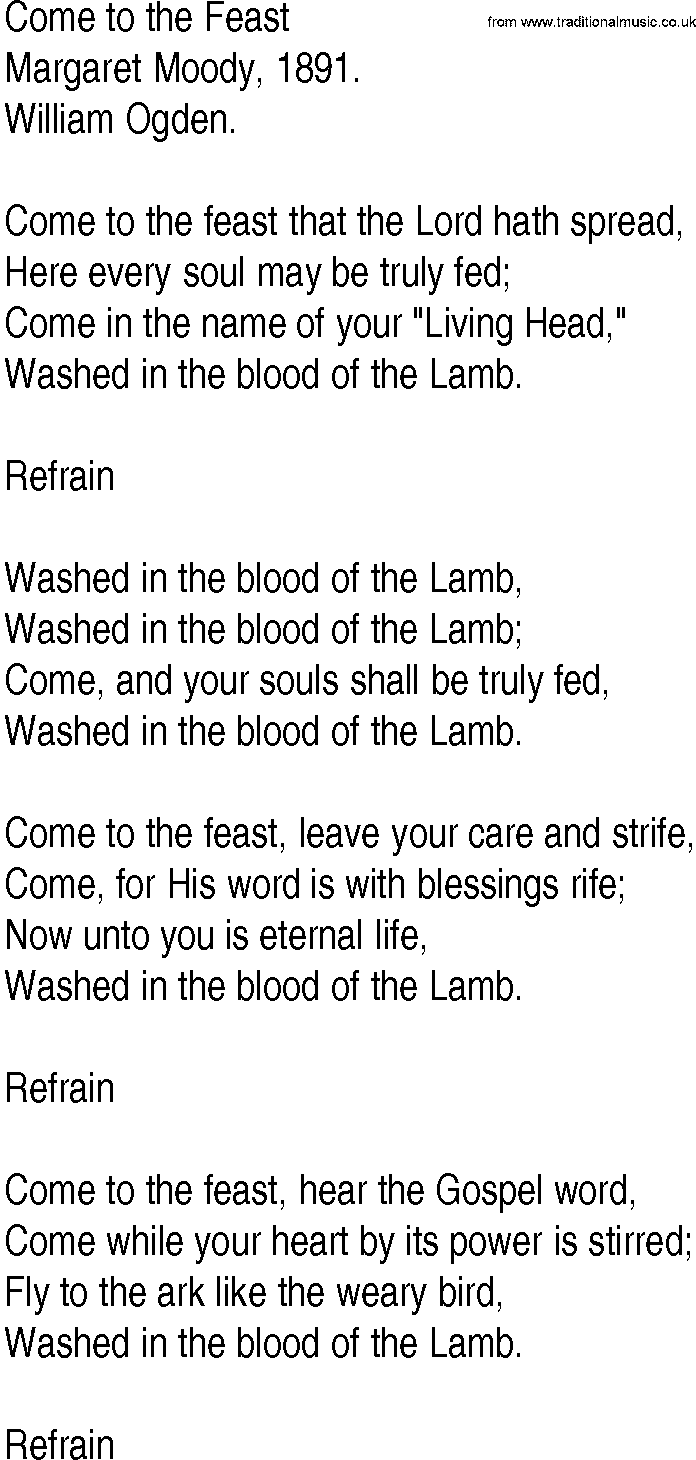 Hymn and Gospel Song: Come to the Feast by Margaret Moody lyrics