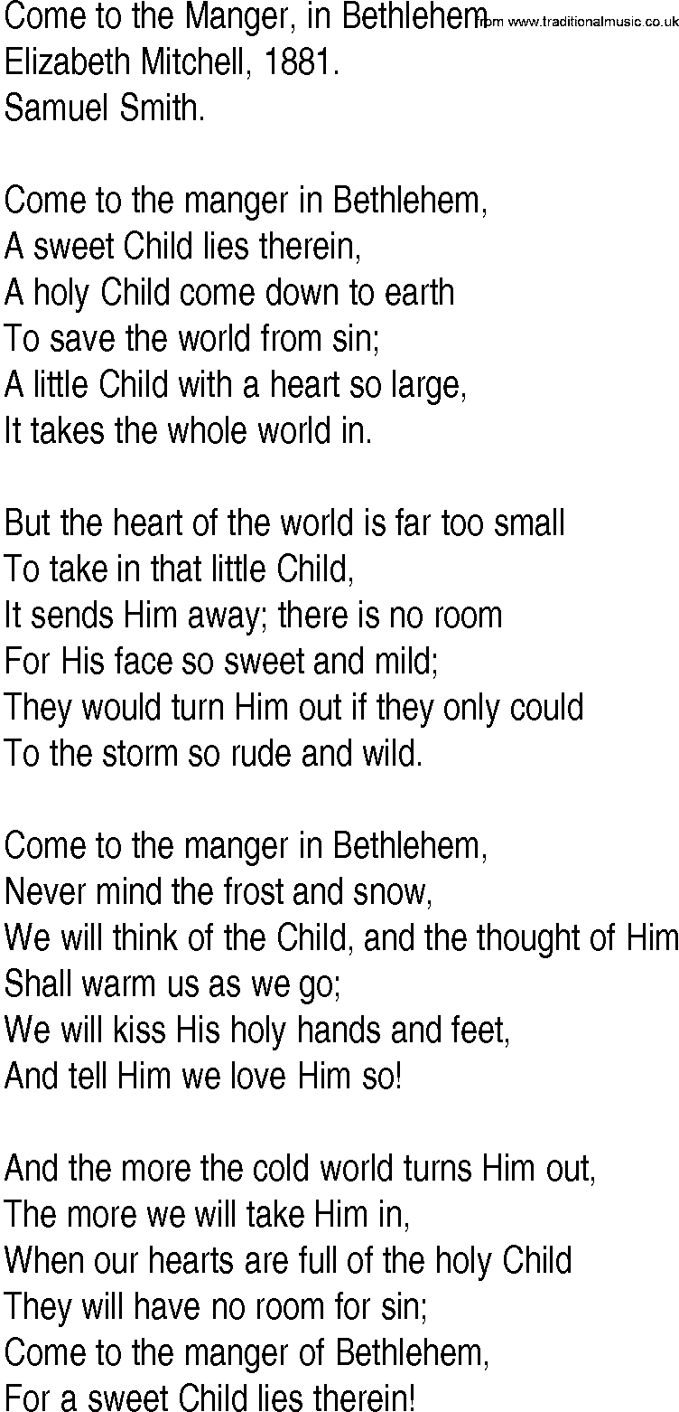 Hymn and Gospel Song: Come to the Manger, in Bethlehem by Elizabeth Mitchell lyrics