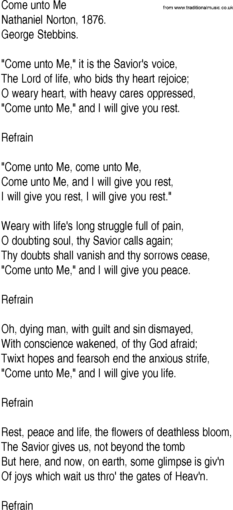 Hymn and Gospel Song: Come unto Me by Nathaniel Norton lyrics