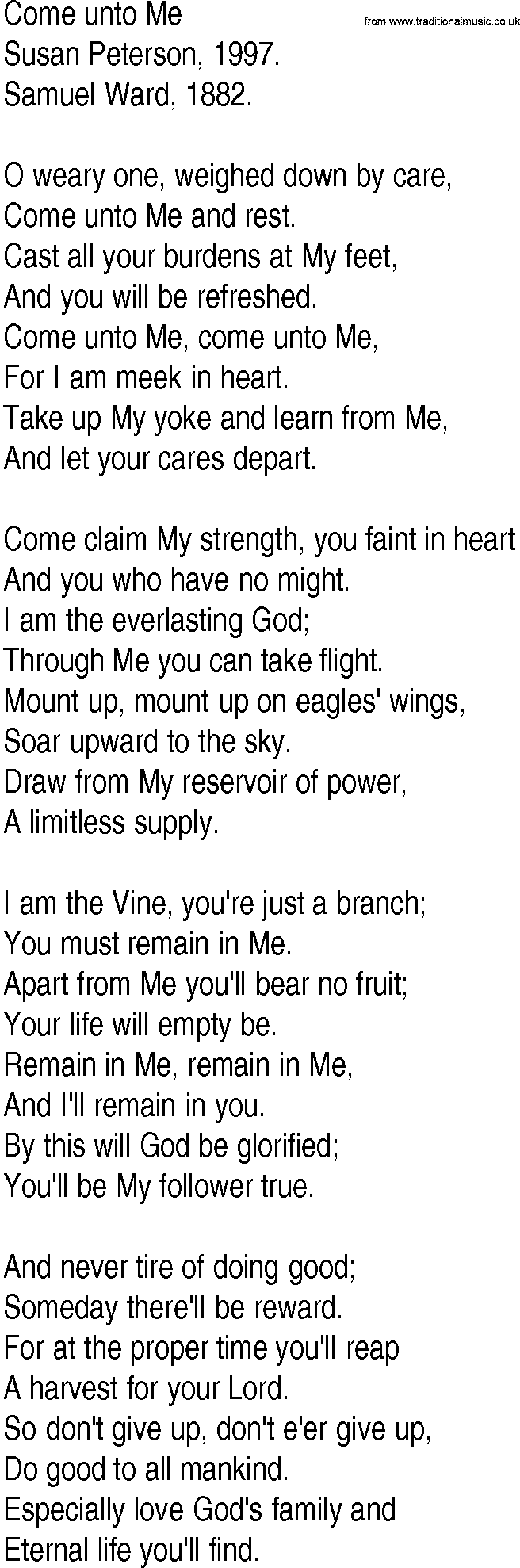 Hymn and Gospel Song: Come unto Me by Susan Peterson lyrics