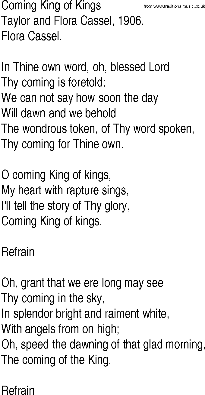 Hymn And Gospel Song Lyrics For Coming King Of Kings By Taylor And
