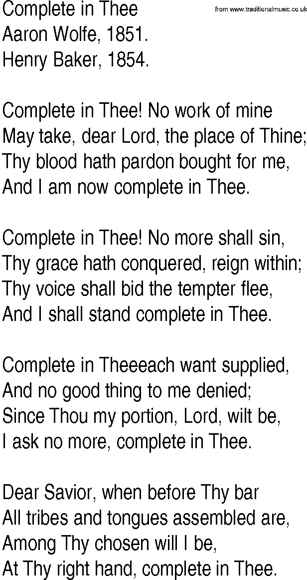 Hymn and Gospel Song: Complete in Thee by Aaron Wolfe lyrics