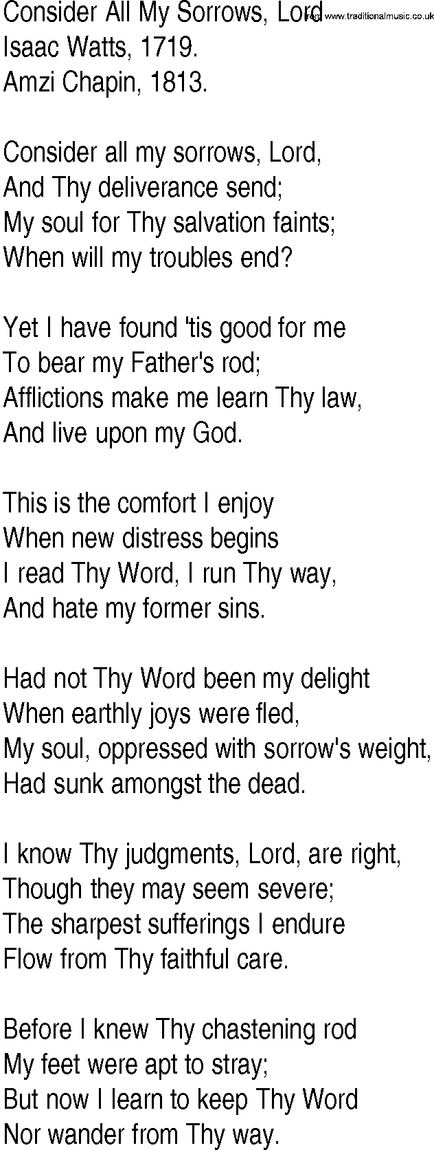 Hymn and Gospel Song: Consider All My Sorrows, Lord by Isaac Watts lyrics
