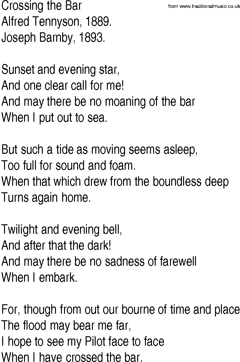 Hymn and Gospel Song: Crossing the Bar by Alfred Tennyson lyrics