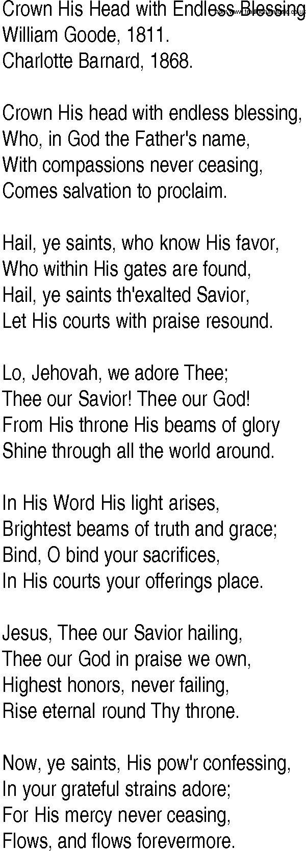 Hymn and Gospel Song: Crown His Head with Endless Blessing by William Goode lyrics