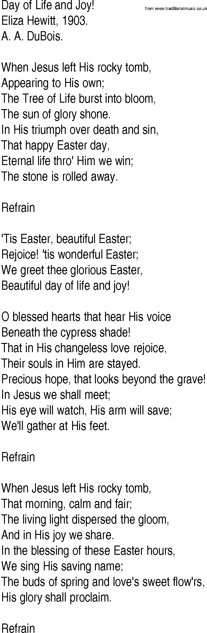 Hymn and Gospel Song: Day of Life and Joy! by Eliza Hewitt lyrics