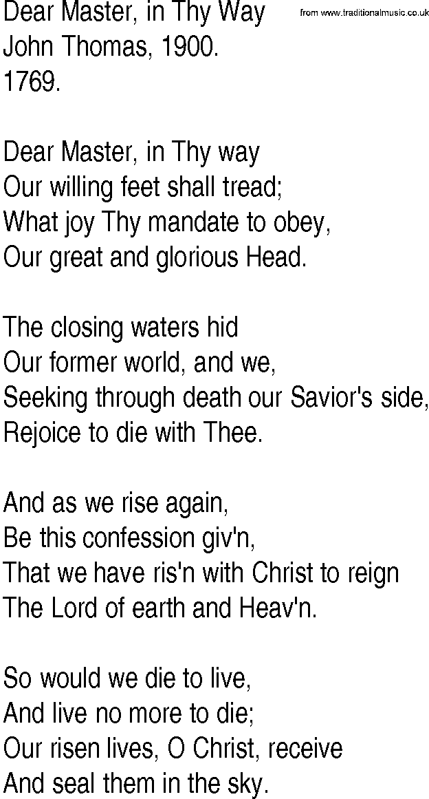 Hymn and Gospel Song: Dear Master, in Thy Way by John Thomas lyrics