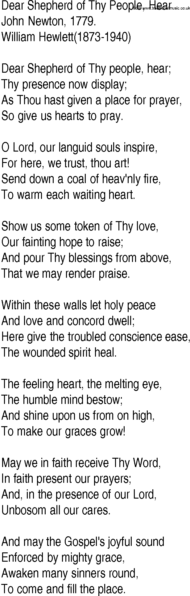 Hymn and Gospel Song: Dear Shepherd of Thy People, Hear by John Newton lyrics