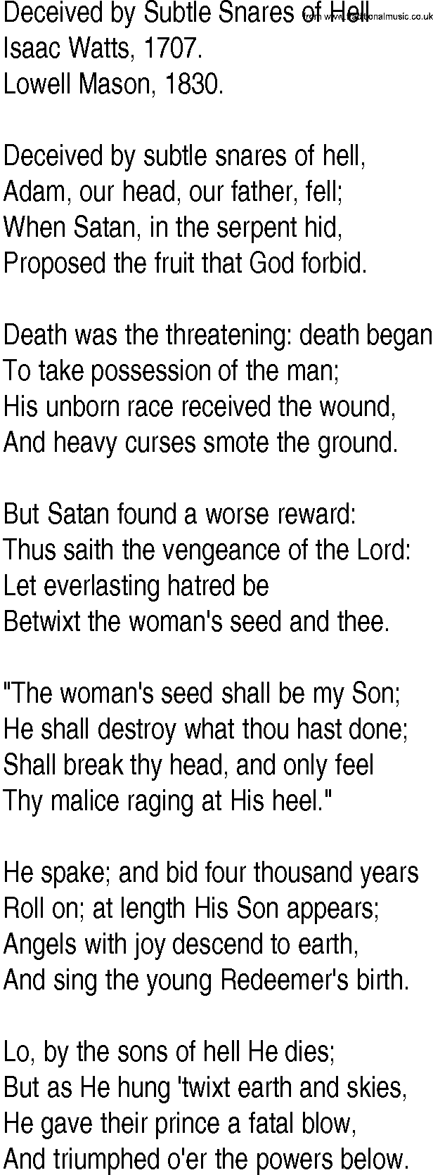 Hymn and Gospel Song: Deceived by Subtle Snares of Hell by Isaac Watts lyrics