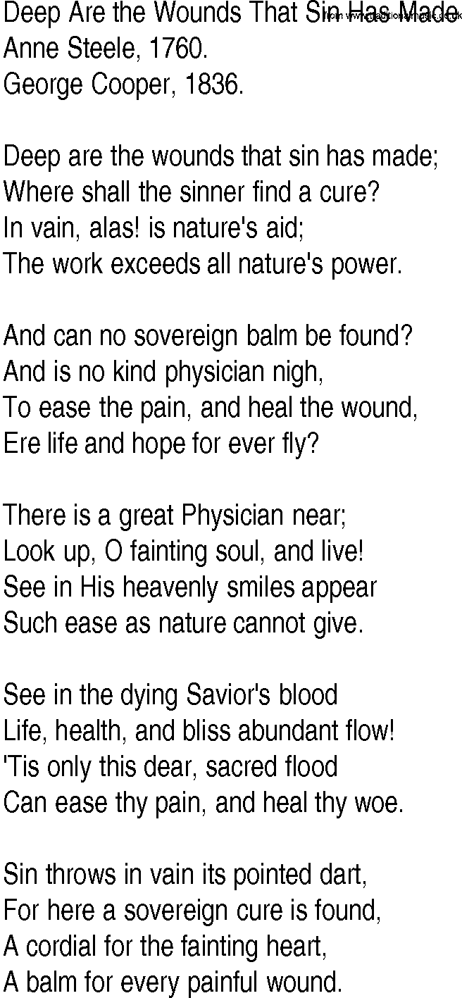 Hymn and Gospel Song: Deep Are the Wounds That Sin Has Made by Anne Steele lyrics