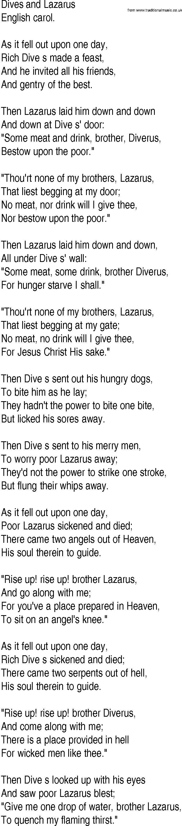 Hymn and Gospel Song: Dives and Lazarus by English carol lyrics