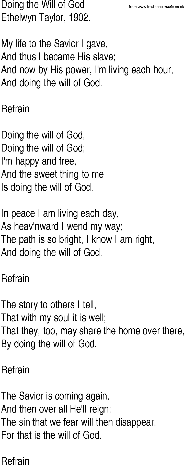 Hymn and Gospel Song: Doing the Will of God by Ethelwyn Taylor lyrics