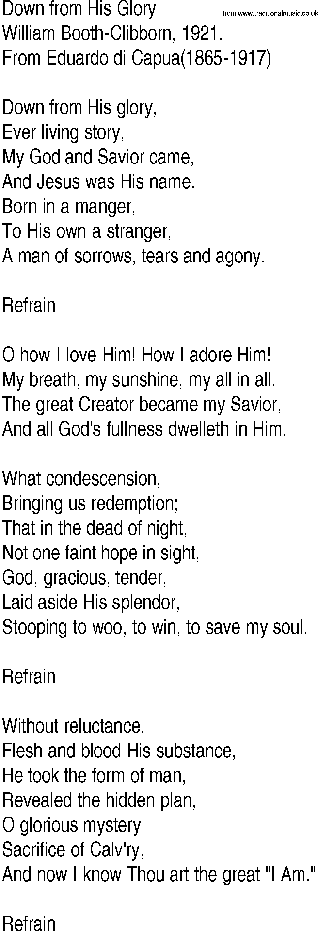 Hymn and Gospel Song: Down from His Glory by William BoothClibborn lyrics