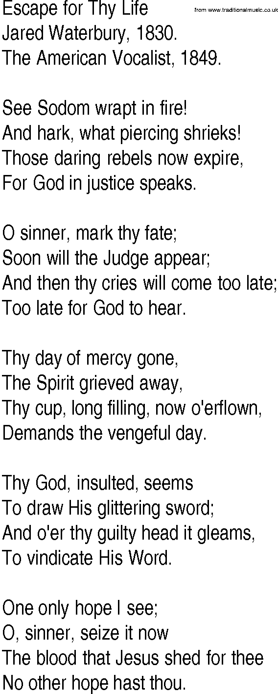 Hymn and Gospel Song: Escape for Thy Life by Jared Waterbury lyrics