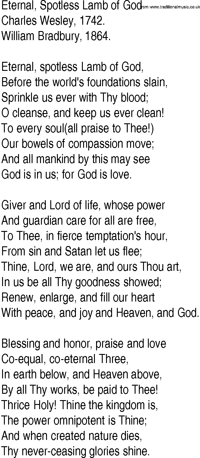 Hymn and Gospel Song: Eternal, Spotless Lamb of God by Charles Wesley lyrics