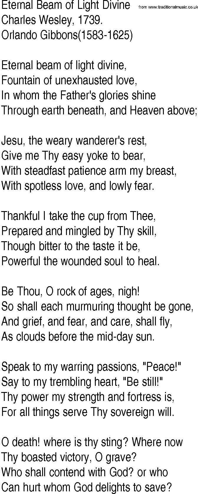 Hymn and Gospel Song: Eternal Beam of Light Divine by Charles Wesley lyrics