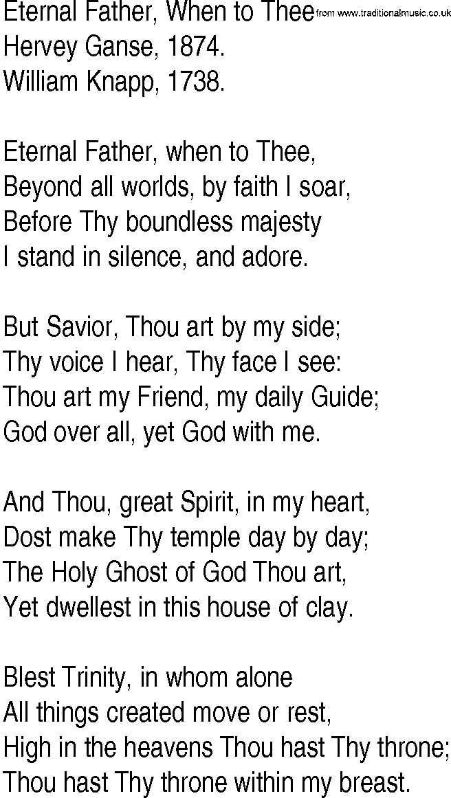 Hymn and Gospel Song: Eternal Father, When to Thee by Hervey Ganse lyrics