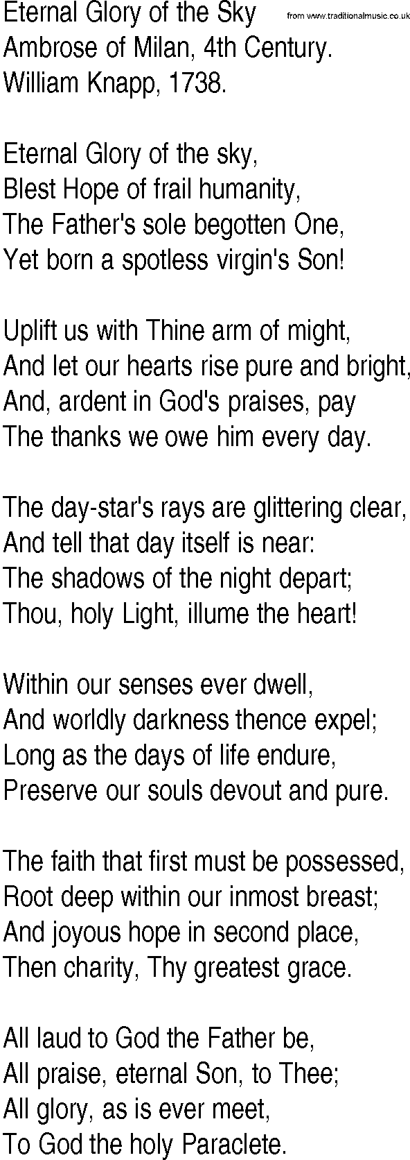 Hymn and Gospel Song: Eternal Glory of the Sky by Ambrose of Milan th Century lyrics