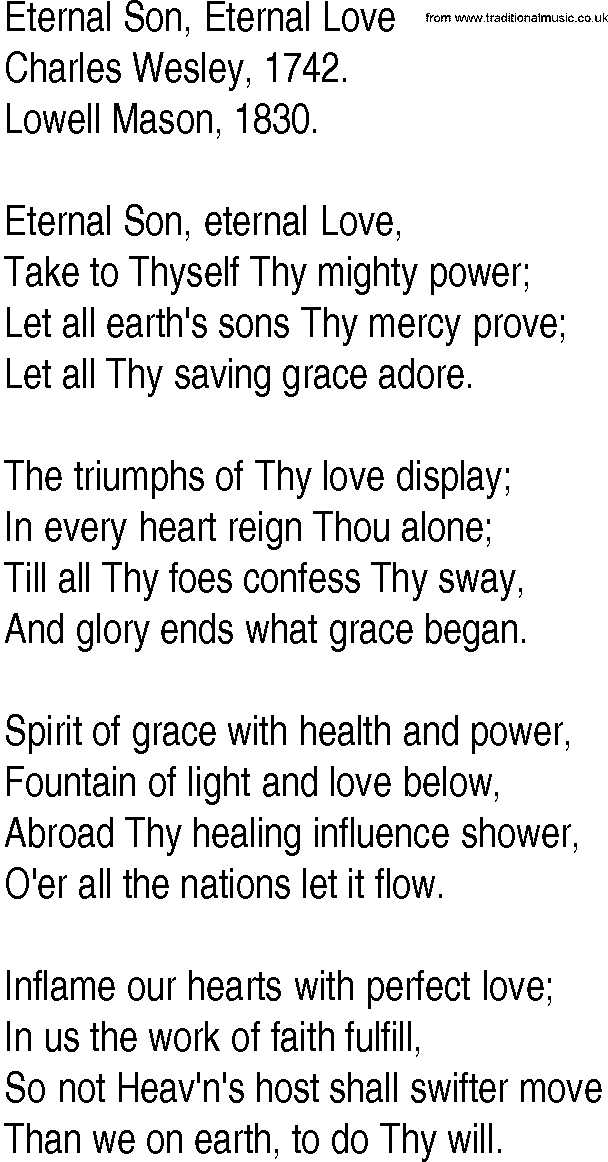 Hymn and Gospel Song: Eternal Son, Eternal Love by Charles Wesley lyrics