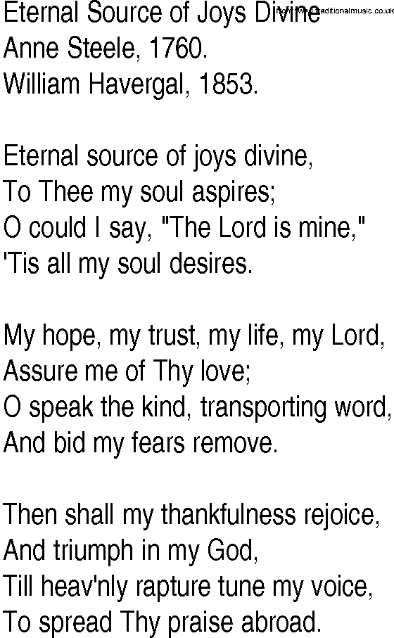 Hymn and Gospel Song: Eternal Source of Joys Divine by Anne Steele lyrics