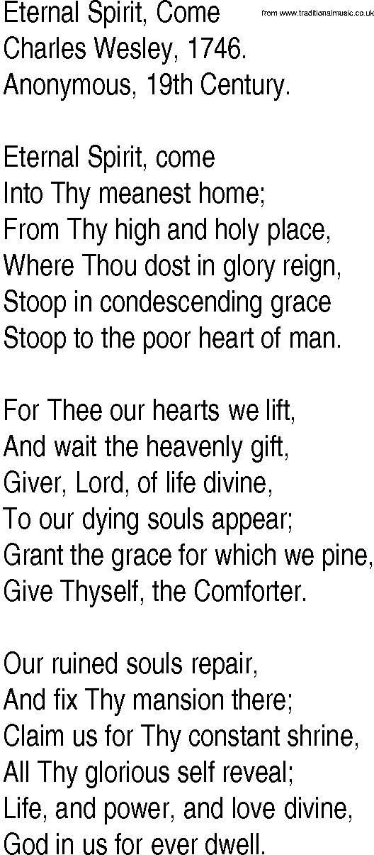 Hymn and Gospel Song: Eternal Spirit, Come by Charles Wesley lyrics