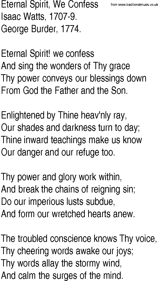 Hymn and Gospel Song: Eternal Spirit, We Confess by Isaac Watts lyrics