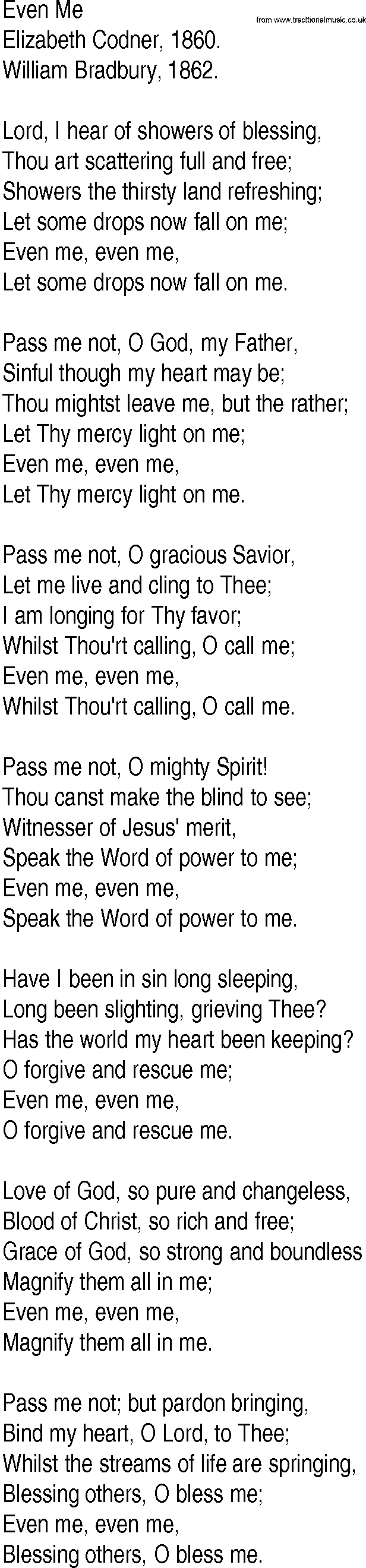 Hymn and Gospel Song: Even Me by Elizabeth Codner lyrics