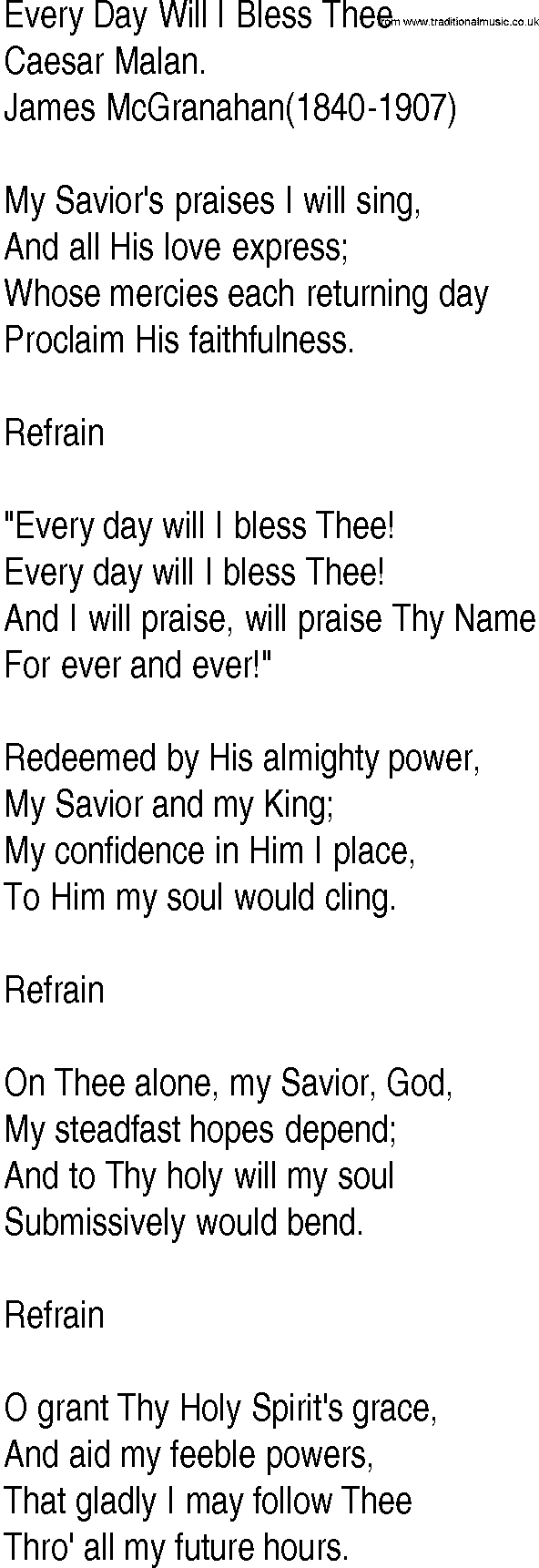 Hymn and Gospel Song: Every Day Will I Bless Thee by Caesar Malan lyrics