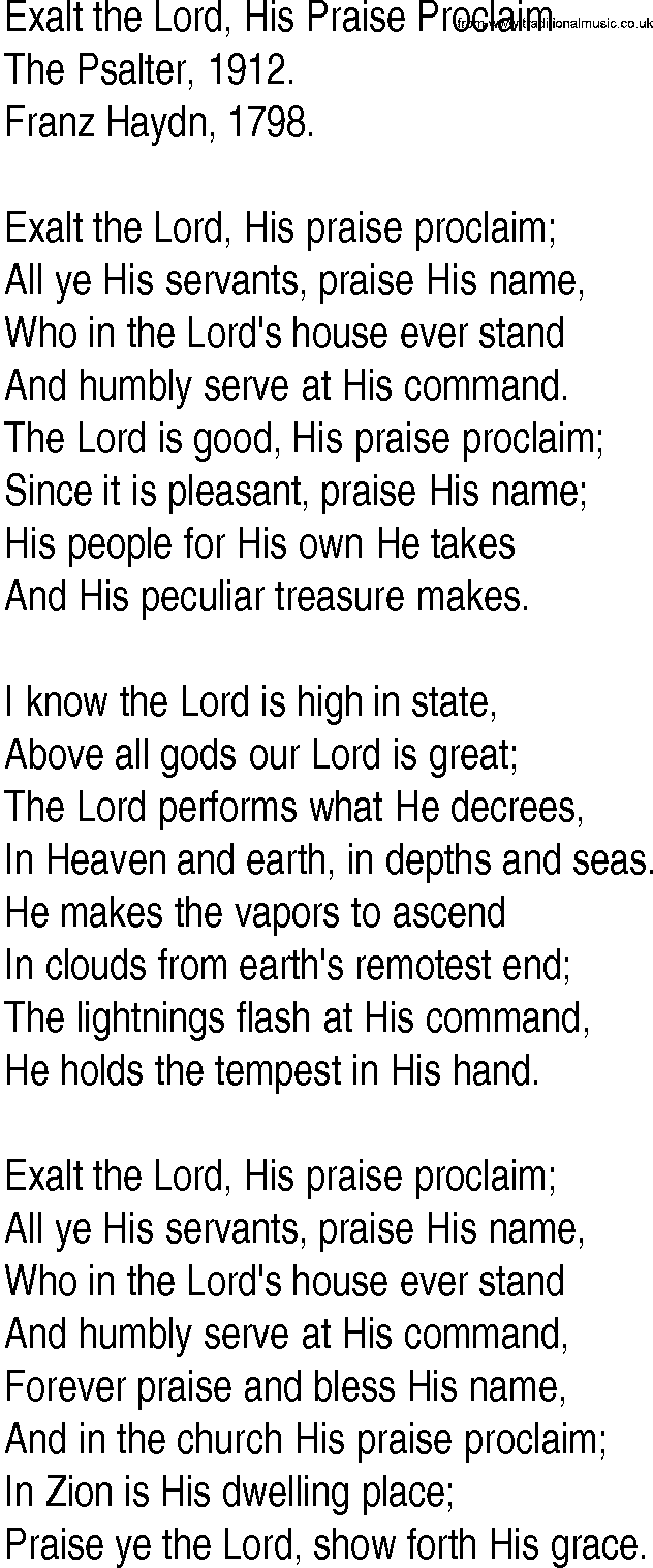 Hymn and Gospel Song: Exalt the Lord, His Praise Proclaim by The Psalter lyrics