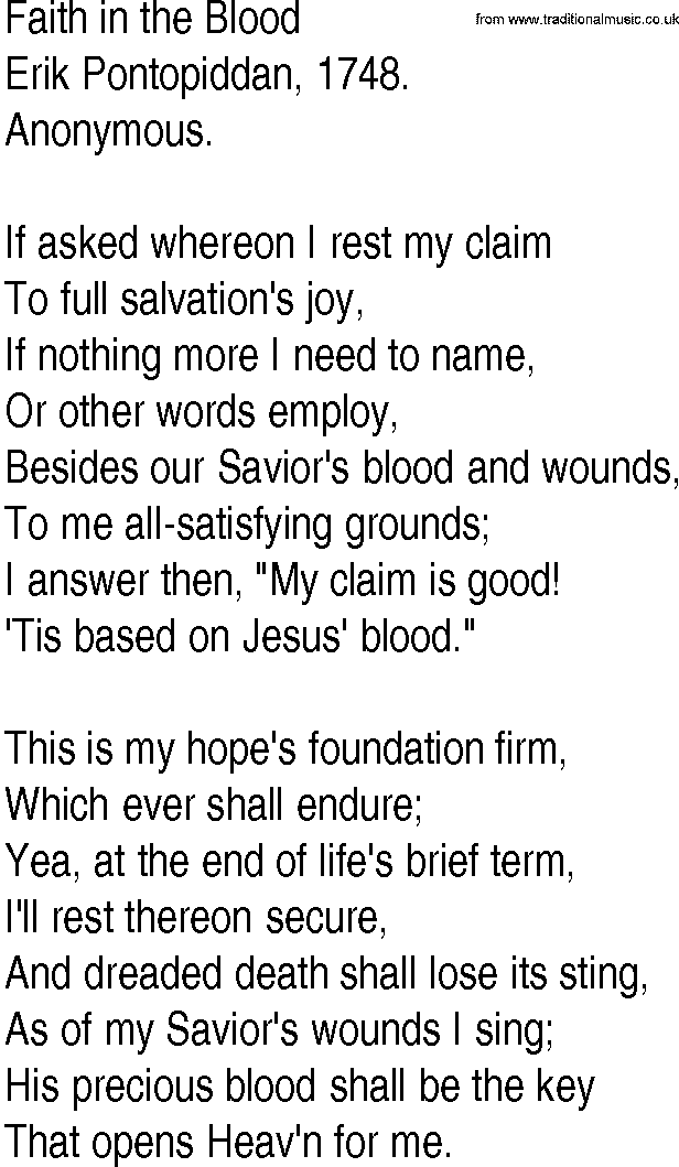 Hymn and Gospel Song: Faith in the Blood by Erik Pontopiddan lyrics