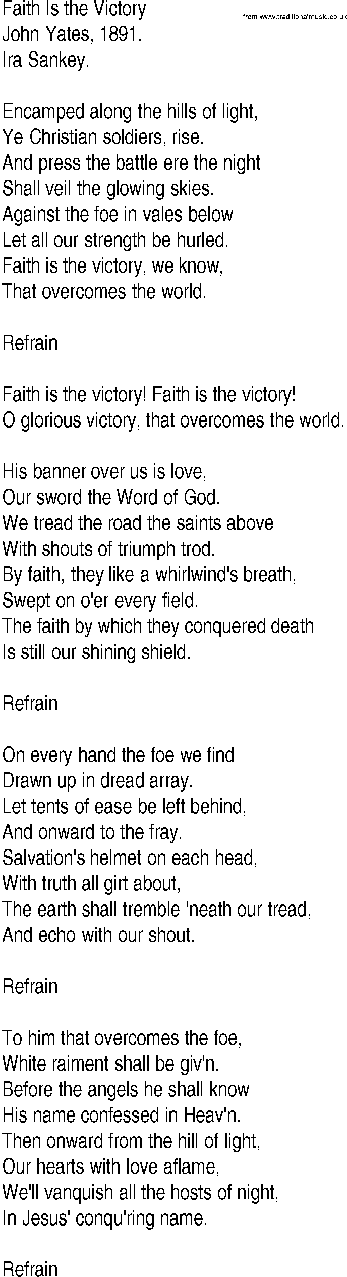 Hymn and Gospel Song: Faith Is the Victory by John Yates lyrics