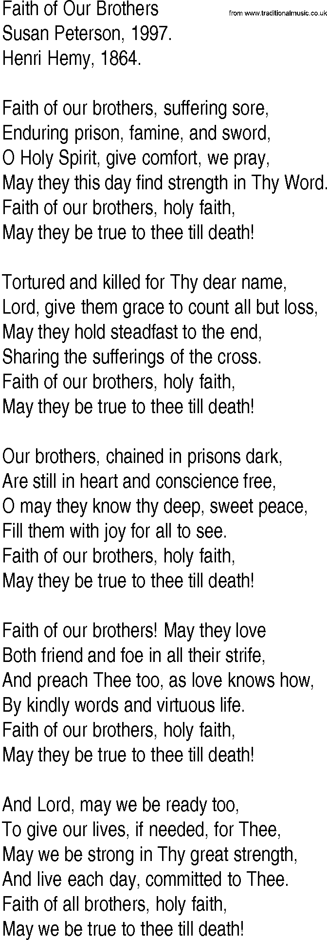 Hymn and Gospel Song: Faith of Our Brothers by Susan Peterson lyrics