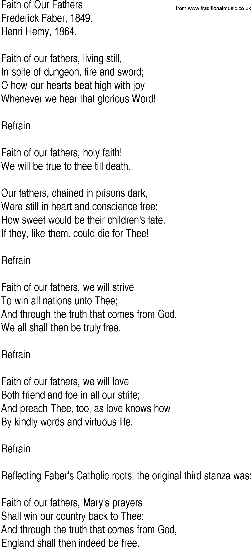 Hymn and Gospel Song: Faith of Our Fathers by Frederick Faber lyrics