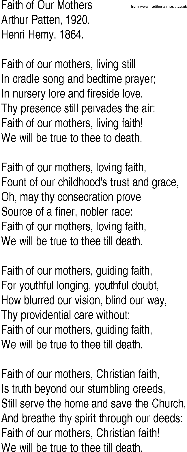 Hymn and Gospel Song: Faith of Our Mothers by Arthur Patten lyrics