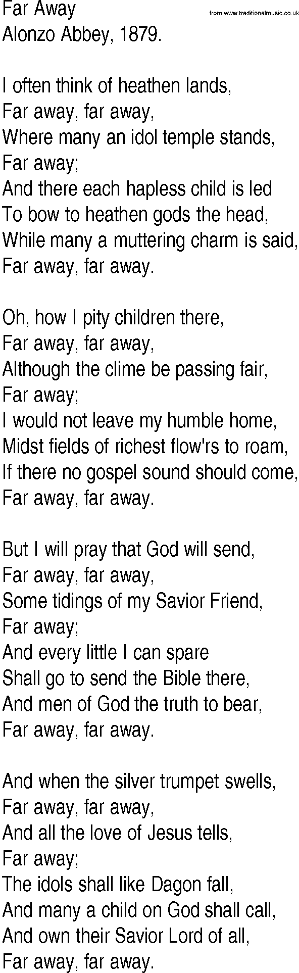 Hymn and Gospel Song: Far Away by Alonzo Abbey lyrics