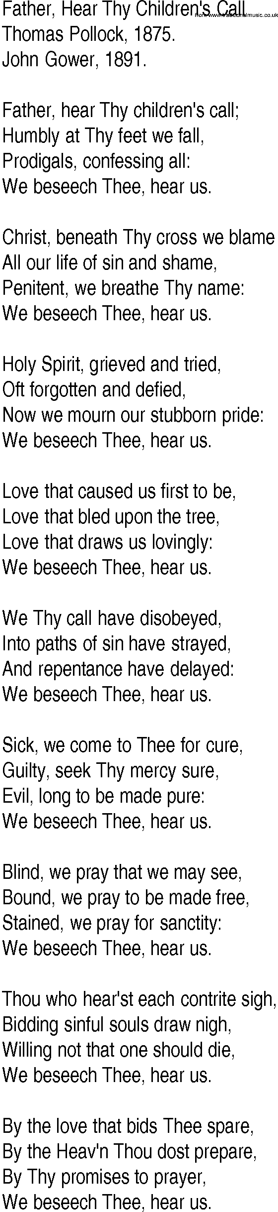 Hymn and Gospel Song: Father, Hear Thy Children's Call by Thomas Pollock lyrics