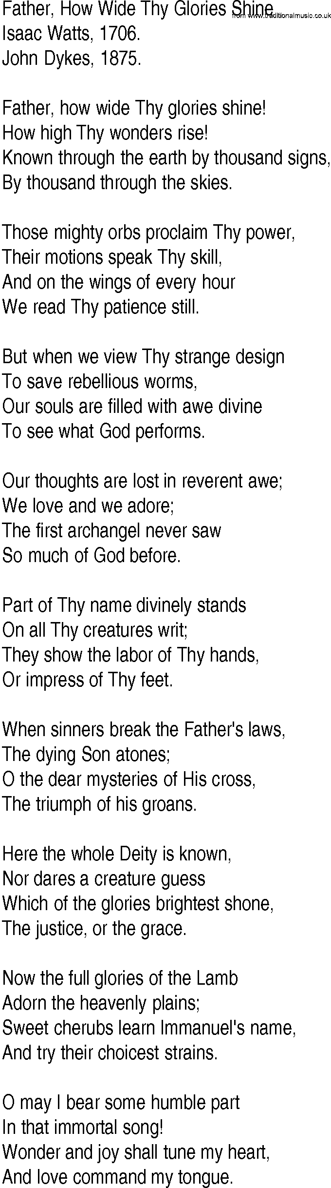 Hymn and Gospel Song: Father, How Wide Thy Glories Shine by Isaac Watts lyrics