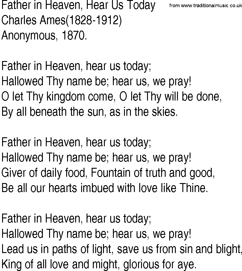 Hymn and Gospel Song: Father in Heaven, Hear Us Today by Charles Ames lyrics