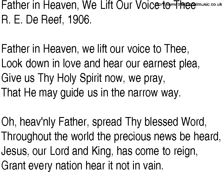 Hymn and Gospel Song: Father in Heaven, We Lift Our Voice to Thee by R E De Reef lyrics