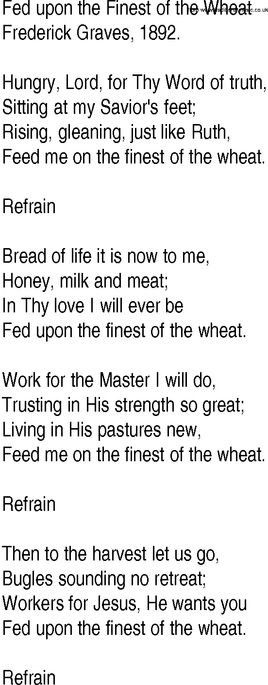 Hymn and Gospel Song: Fed upon the Finest of the Wheat by Frederick Graves lyrics