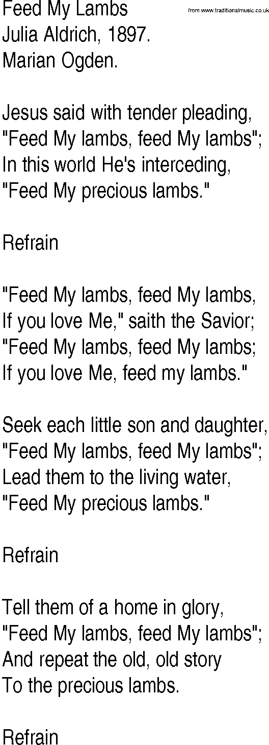 Hymn and Gospel Song: Feed My Lambs by Julia Aldrich lyrics