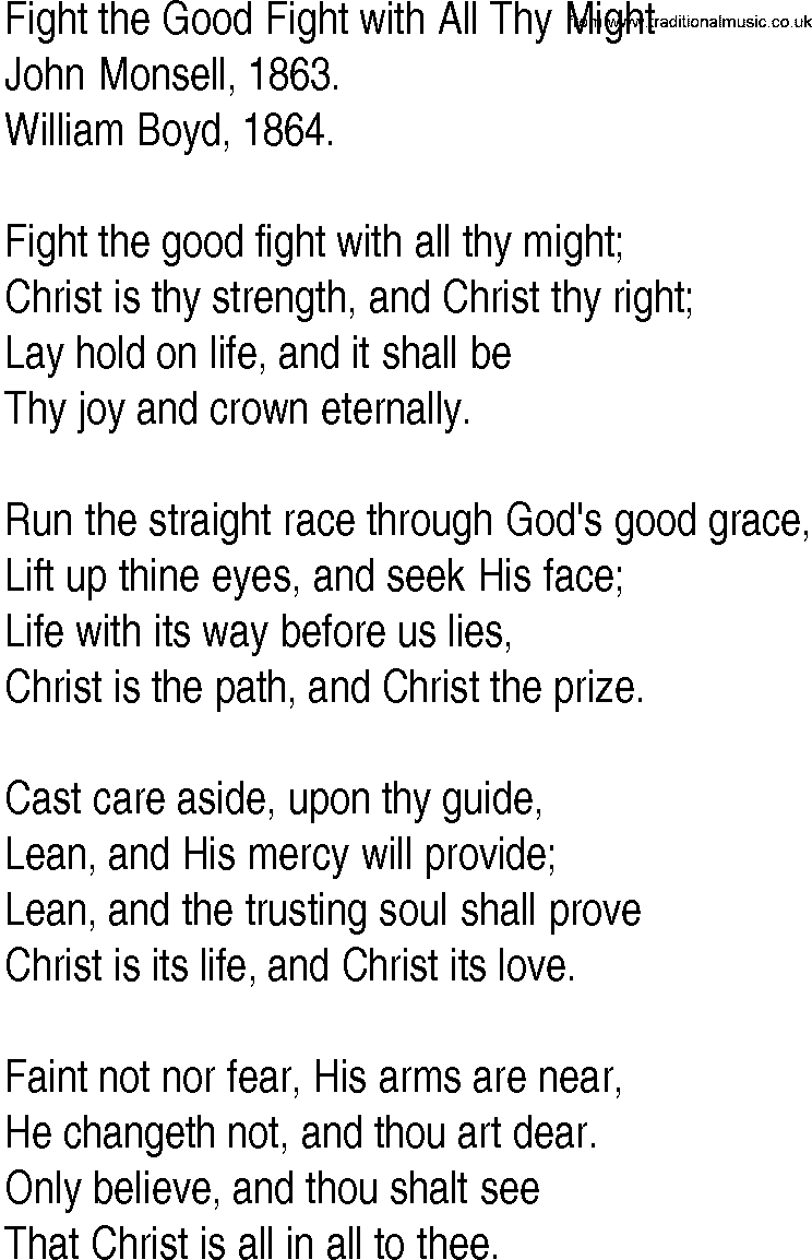 Hymn and Gospel Song: Fight the Good Fight with All Thy Might by John Monsell lyrics